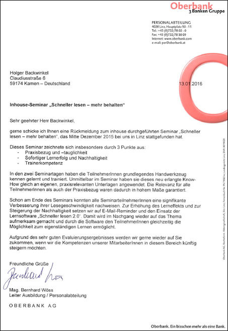 Oberbank schneller lesen Referenzschreiben